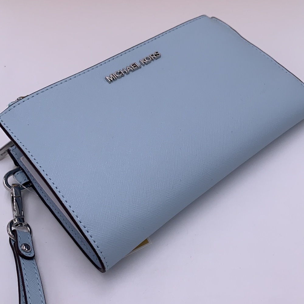 MICHAEL KORS JET SET TRAVEL 35F8GTVWOL VISTA BLUE LG DOUBLE ZIP WRSTLT LEATHER - Picture 3 of 14